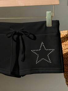 Attitoon Women's Drawstring Waist Star Pattern Slim Fit Shorts - Black - View 4