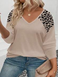 SHEIN LUNE Women's Autumn/Winter New Hot-Selling Leopard Print Round Fan Casual Versatile Plus Size T-Shirt Fall - Khaki - View 6