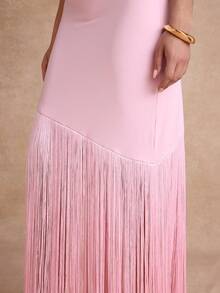 Enchnt Premium Summer Romantic Women's Elegant Pink Tassel Hem Party Holiday Knit Long Dress,Vacation Dress,Graduation Dress,Dress For Wedding Guest - Pink - View 2
