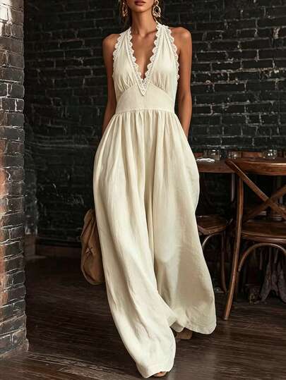 Balvessa Vestido feminino com patchwork de renda, decote em V e corte regular