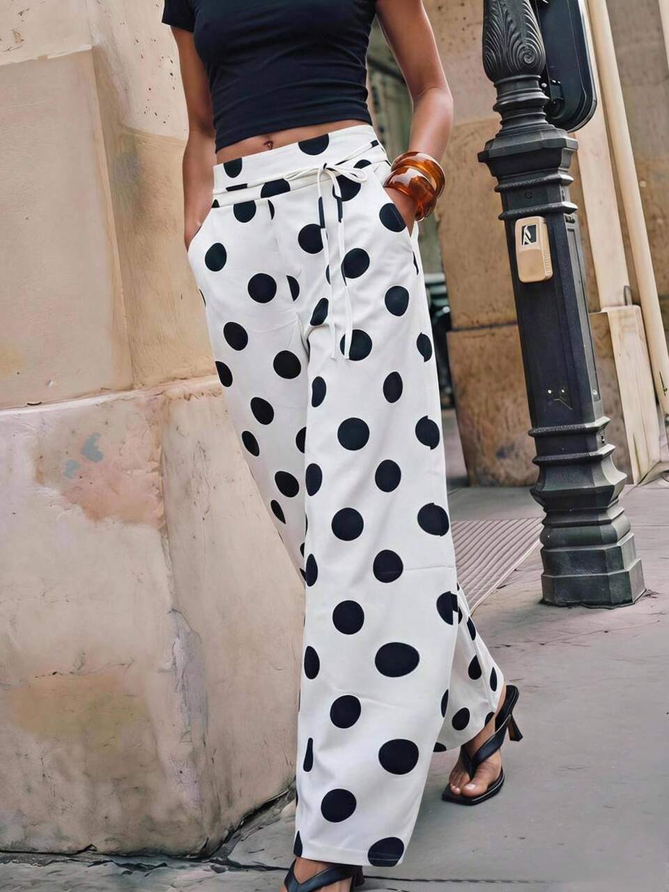 SHEIN Maija Women's White And Black Polka Dot Print Curved Leg Long Pants City Break Autumn Casual Elegant,Going Out Vacation Vacation Vacation Brunch Outfits