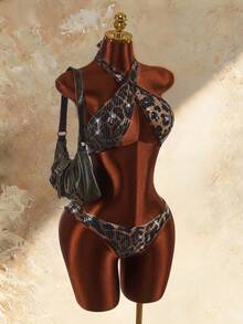 Amplova Women's Sequin Shiny Leopard Print Swimsuit Set With Ring Back Sexy Detail Beach Party Brown Zebra Print Summer - Brown - View 10