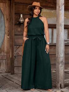 Nubod Plus Size Denim Effect Halter Top + Wide Leg Pants 2 Pieces Set - Dark Green - View 3