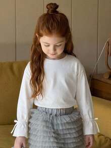 DAZY Young Young Girls Round Neck Long Sleeve T-Shirt With Bow Decor On Cuffs, Autumn - White - View 8