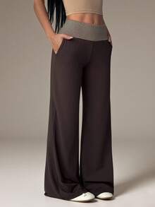 SHEIN PETITE Casual Loose Striped Patchwork Wide Leg Pants - Army Green - View 10