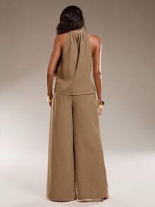 Normani Women's Solid Color Pleated Sexy Tropical Elegant Halter Neck Tank Top And Pocket Textured Long Pants 2 Pieces Set Beach Dinner Vacation Khaki Summer - Khaki - View 6