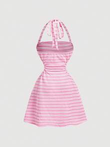 SHEIN MOD 女款條紋掛脖綁帶休閒派對洋裝 - 粉色 - 查看 3