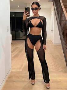 SHEIN ICON Mesh Contrast Fringe Cami Top & Skinny Flare Pants Two-Piece Set - Black - View 3
