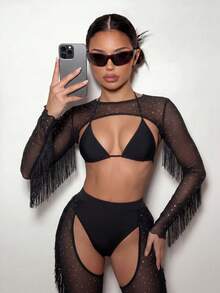 SHEIN ICON Mesh Contrast Fringe Cami Top & Skinny Flare Pants Two-Piece Set - Black - View 4