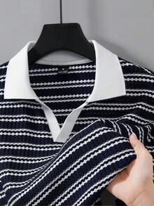 Manfinity CasualCool 男士條紋短袖商務休閒 Polo 衫，儀式場合適用 - 寶藍色 - 查看 3