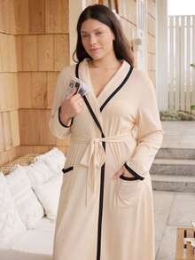 Doze Lane Minimalist Elegant Colorblock Patchwork Comfortable Lazy Women's Casual Plus Size Robe Night Wedding Night Wedding Guest Guest Beige Autumn - Khaki - View 2