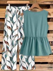 Mellowie Business Casual Traditional Minimalist Teal White Women's Bowknot Blouse Paired With Textured Abstract Geometric All-Over Print Pants 2 Pieces Set - Multicolor - View 3