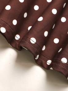 Tween Girl Elegant Commuter Fitted Sleeveless Asymmetric Neck Metal Buckle Flower Decor Pleated Midi Dress Brown And White Polka Dot Tea Party - Brown - View 9