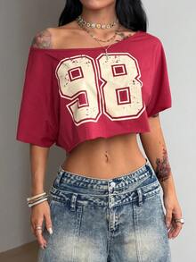 Coolane Women's Spring/Summer Streetwear Chic Y2K Daily Wear Everyday Graphics Asymmetrical Neck Crop T-Shirt Dark Red - Red - View 4