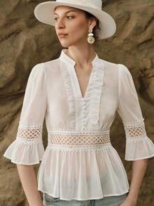 SHEIN Elegant Elegant Summer White Faux Silk Lace Patchwork Blouse Shirt - White - View 6