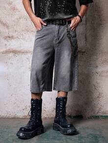 Skyrend Short en jean délavé ample à jambes larges style décontracté gothique punk streetwear pour garçon emo - Gris - Voir 1