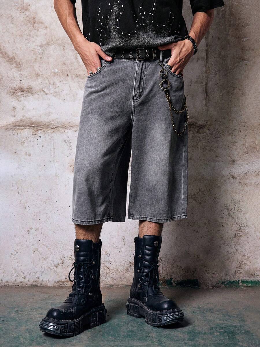 Skyrend Short en jean délavé ample à jambes larges style décontracté gothique punk streetwear pour garçon emo - Gris - Voir 1
