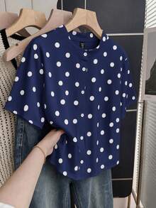 Franclia Plus Size Knitted Round Neck Short Sleeve Cinched Waist French Navy Blue T-Shirt Office Work Formal Party Birthday Brunch Teacher Summer Elegant 90s - Navy Blue - View 1