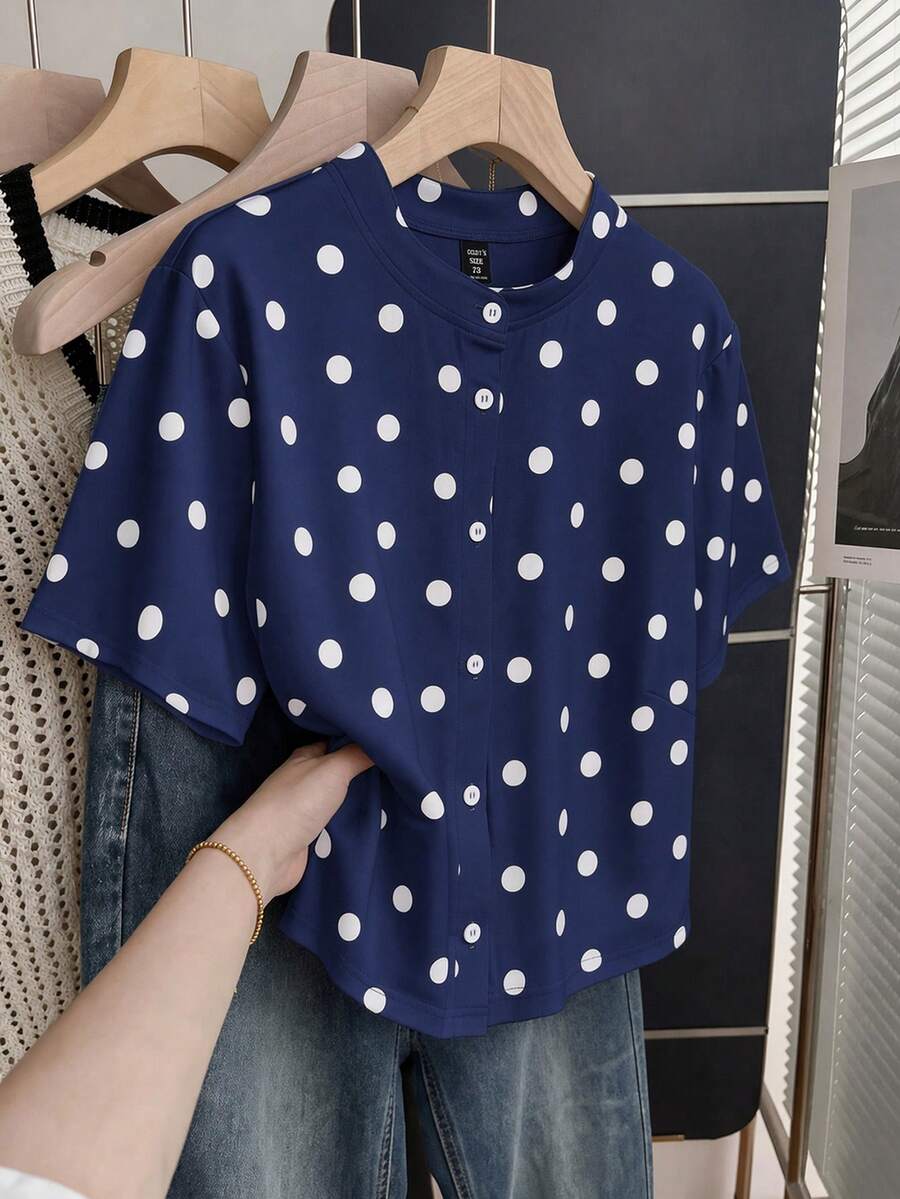 Franclia Plus Size Knitted Round Neck Short Sleeve Cinched Waist French Navy Blue T-Shirt Office Work Formal Party Birthday Brunch Teacher Summer Elegant 90s - Navy Blue - View 1