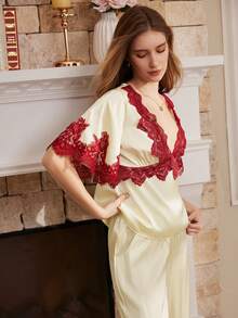 Moireta Women's Mature Elegant Bedroom Glossy Satin Patchwork Contrast Color Eyelash Lace Mid-Sleeve V-Neck Long Pants Pajama Set - Champagne - View 1