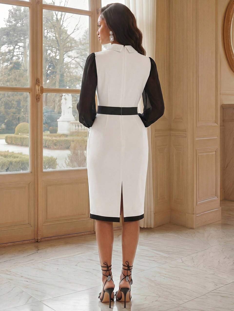 Savoree Women's Elegant Fashion Black & White Patchwork Slim Fit Rhinestone Bodycon Evening Dress, Festival