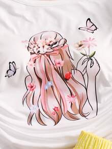 SHEIN 少女女孩 2件組圓領印花蛋糕裙溫柔清新風無袖白色T恤蝴蝶花卉度假生日馬卡龍色夏季 - 彩色 - 查看 4