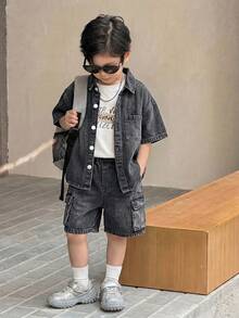 SHEIN 2件套男童灰色牛仔宽松短袖衬衫和短裤套装 - 黑色 - 查看 4