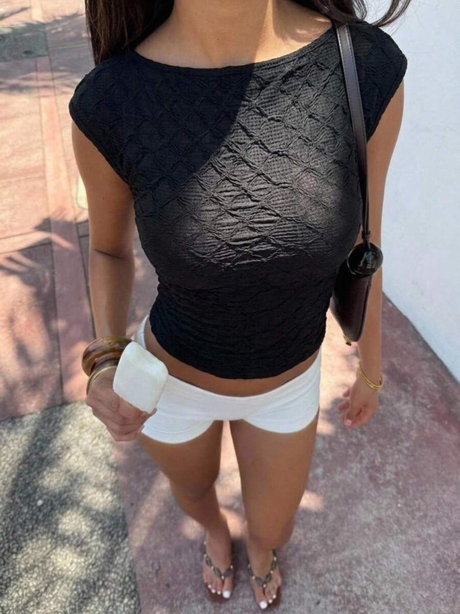 Avantive 黑色紋理露背式肩帶罩衫 T-shirt 夏季款，時尚早午餐節慶海灘休閒極簡基礎辦公街頭風