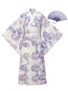 Irokai 日式傳統和服藍紫色繡球花花卉圖案女款改良兩件式浴衣套裝 - 彩色 - 查看 3