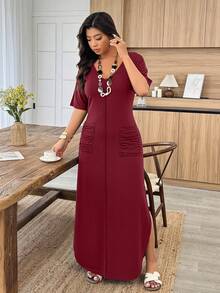 Weeklong Plus Size Women V-Neck Striped Dual Pocket Ruched Slit Hem Casual Knit Dress, Spring/Summer - Burgundy - View 4