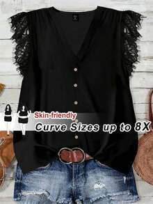 SHEIN CURVE+ 大尺碼女款日常休閒度假V領黑色寬鬆襯衫 - 黑色 - 查看 1