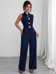 Selianne Women's Metal Starfish Vest And Pants Casual European Denim Set Vacation Navy Blue Summer - Blue - View 5