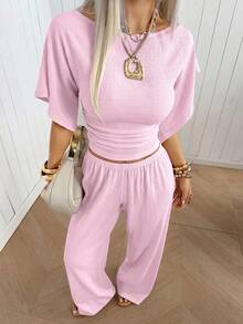 SHEIN EZwear 女款紋理時尚修身上衣與寬鬆休閒長褲家居服套裝 - 淺粉色 - 查看 6