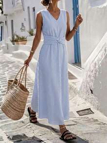 Breezaya Plus Size Women V-Neck Striped Casual Party & Travel Dress - Rust Brown - View 1
