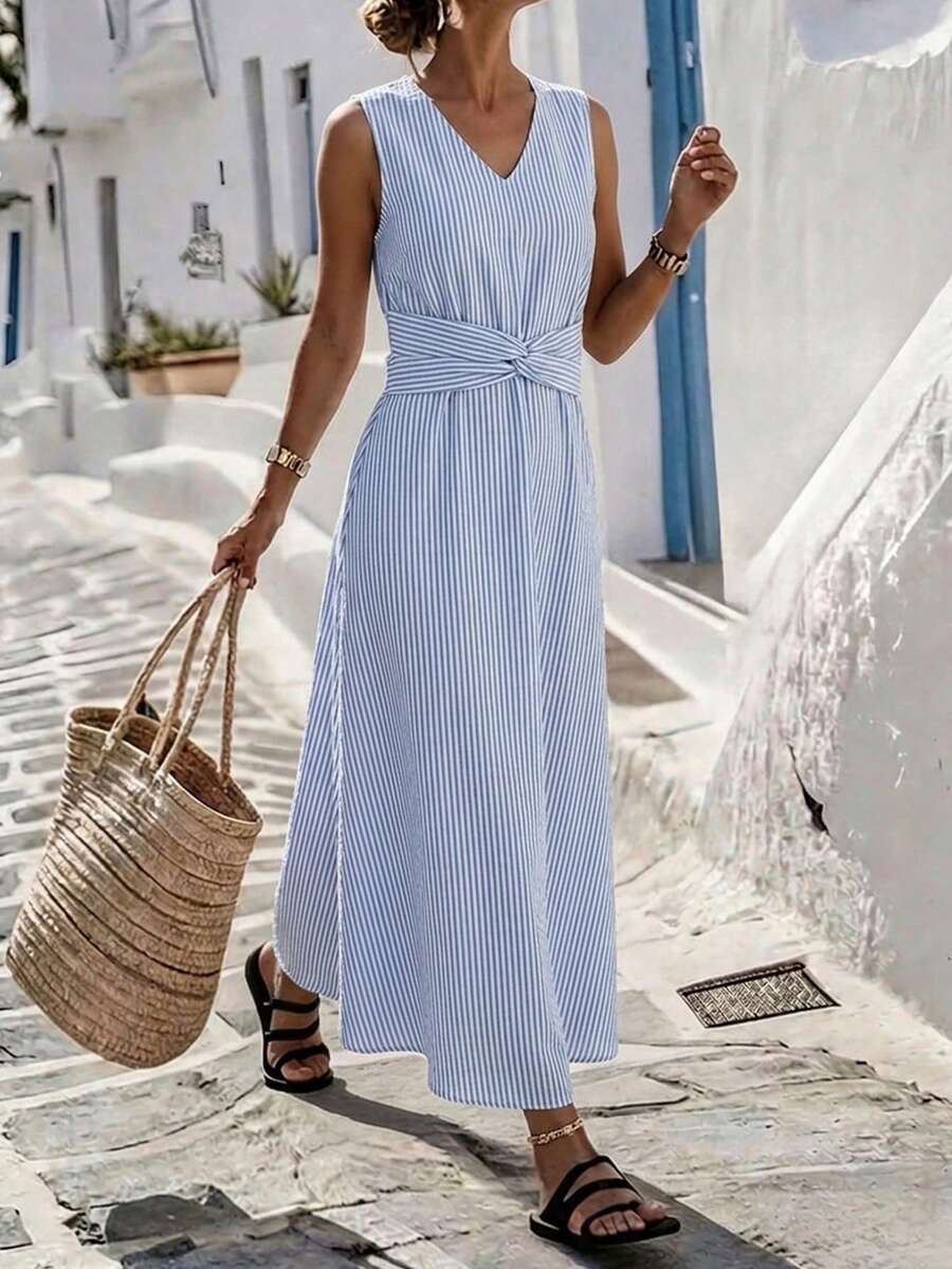 Breezaya Plus Size Women V-Neck Striped Casual Party & Travel Dress - Rust Brown - View 1