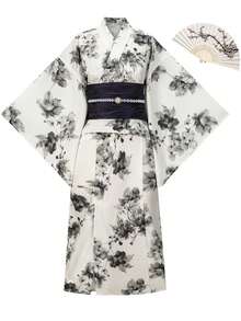 Irokai 日式傳統夏季女款兩件式和服浴衣 水墨印花（不含腰帶） - 黑與白 - 查看 8