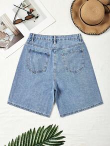 SHEIN Y2K休閒街頭風水鑽條紋水洗百搭牛仔短褲 藍白條紋 夏季度假款 - 淺色水洗藍 - 查看 2