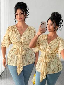 Elenzga Plus Size Women's Ditsy Floral Mesh V-Neck Tie Waist A-Line T-Shirt,Yellow Summer Boho Vacation Holiday Casual Short Sleeve Fashionable Versatile Top - Multicolor - View 1