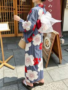Irokai Japanese Traditional Kimono Navy Blue Cartoon Cherry Blossom Pattern Women's Modified Two Pieces Yukata Set - Multicolor - View 1