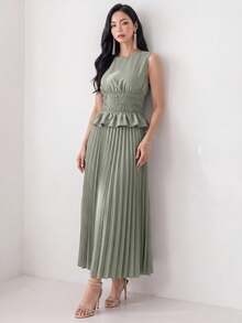 Heiryn Women's Solid Color Pleated Ruffle Hem Shirt And Skirt Elegant Frenchy French Two Pieces Set Vacation Sage Green Summer Daytime Drinks Holiday Party - Army Green - View 9