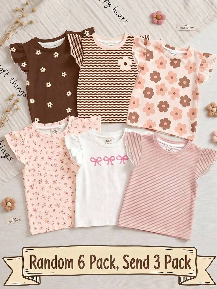 SHEIN 可愛卡其花卉系列,奶油白、棕色條紋、棕色,少女休閒時尚可愛荷葉袖圓領上衣3件組,適合春/夏日常、戶外、度假、野餐、農場,3件裝 - 彩色 - 查看 1