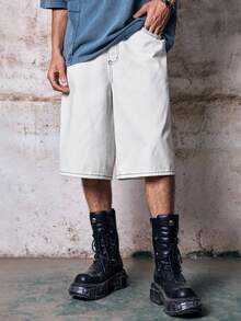 Skyrend Men White Summmer Streetwear City Break Vintage Loose Wide Leg Denim Shorts,Rivet Design,Letter,Music Note & Smiling Face Prints Casual Daily Wear - White - View 7