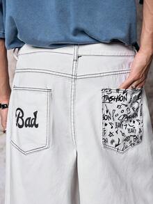 Skyrend Men White Summmer Streetwear City Break Vintage Loose Wide Leg Denim Shorts,Rivet Design,Letter,Music Note & Smiling Face Prints Casual Daily Wear - White - View 9