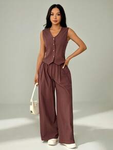 SHEIN PETITE Conjunto casual de 2 piezas de chaleco de un solo pecho y pantalones de unicolor Omen, verano - Marrón - Ver 5