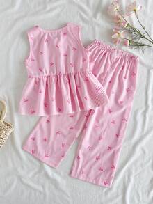 SHEIN Vintaside Kids 女童新款清新田園風精緻條紋草莓印花兩件套，紅色蝴蝶結裝飾無袖背心上衣 + 同款寬腿長褲，甜美可愛時尚日常穿搭，夏季 - 粉色 - 查看 3