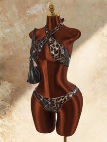 Amplova Women's Sequin Shiny Leopard Print Swimsuit Set With Ring Back Sexy Detail Beach Party Brown Zebra Print Summer - Brown - View 1