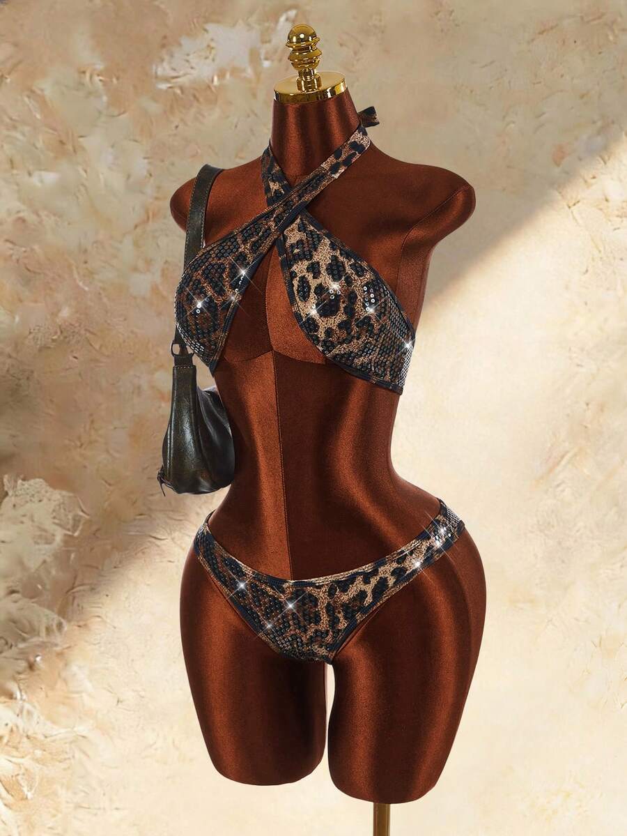 Amplova Women's Sequin Shiny Leopard Print Swimsuit Set With Ring Back Sexy Detail Beach Party Brown Zebra Print Summer - Brown - View 1
