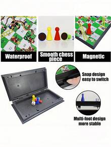 磁性蛇梯棋棋盘游戏套装，折叠便携设计，重量轻，旅行游戏套装礼物，家庭趣味玩具 - 綠色 - 查看 8