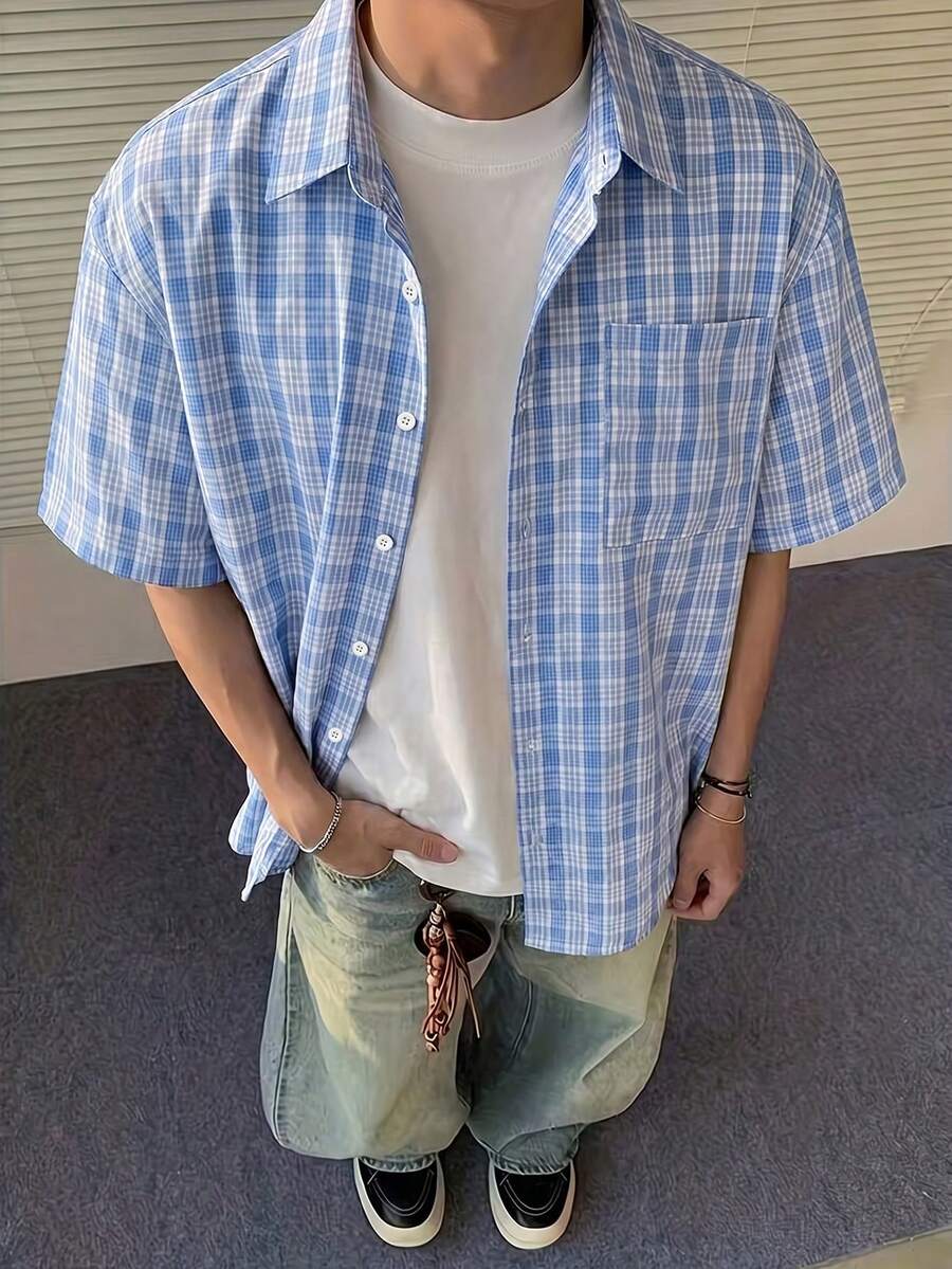 STEELVANCE 男士小格紋短袖襯衫,單口袋經典款,適合正式或休閒場合,休閒度假、用餐聚會、簡約辦公、居家休閒穿著,百搭自穿或送禮給朋友,熱銷舒適面料襯衫 - 彩色 - 查看 1