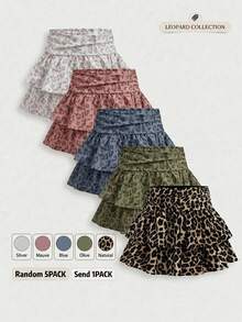 SHEIN Girlism Tween Girl Casual Street Style Vintage Leopard Print Ruched Double Layered Ruffled Hem Cute Mini Casual Skirt, - Multicolor - View 1